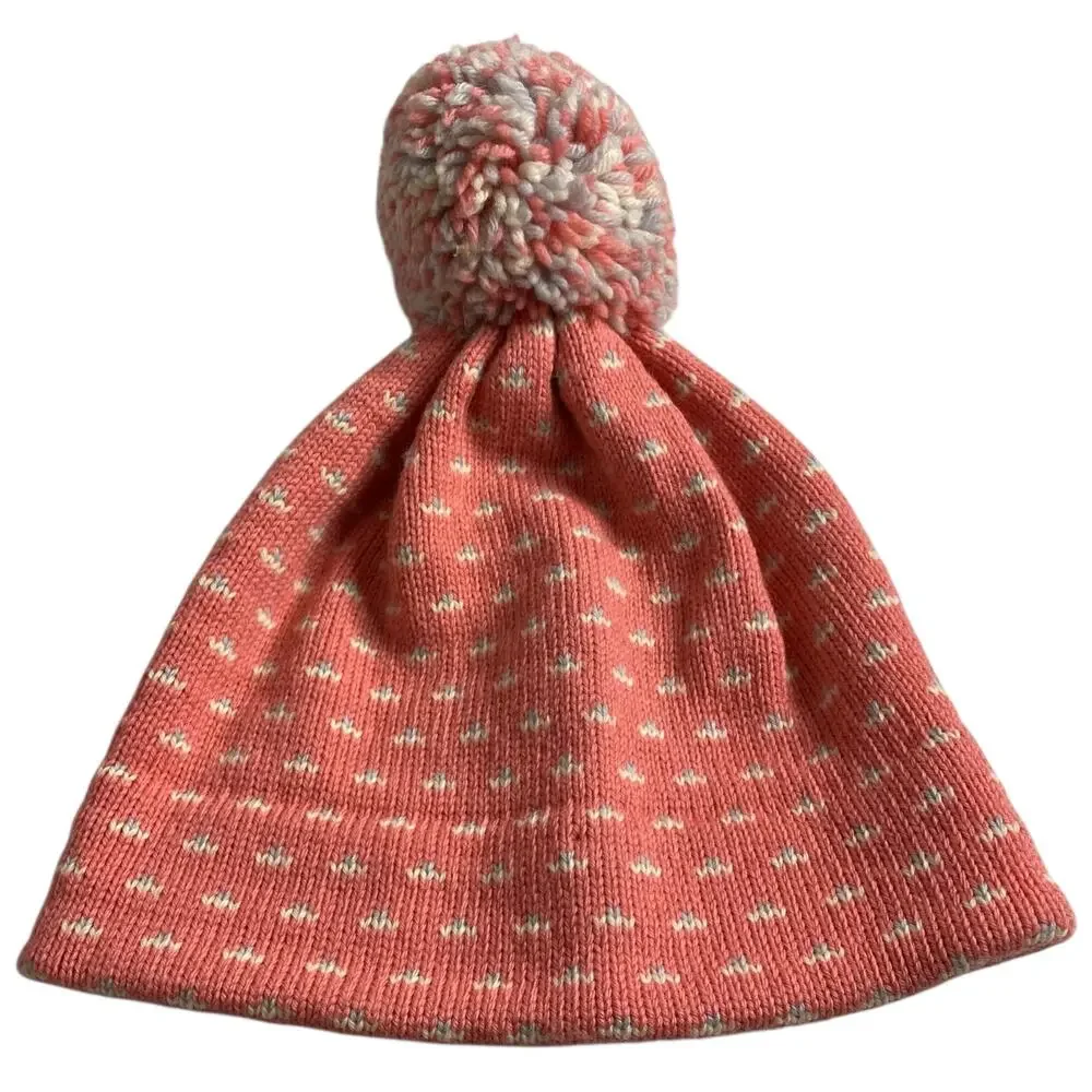 Vintage 80s Serac Wool Beanie Pink Birdseye Print Pom Pom Womens Ski Hat USA